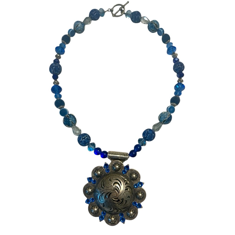 TRIGG LEATHER Brand Western Concho Blue Pendant Silver Plated Cowgirl Necklace